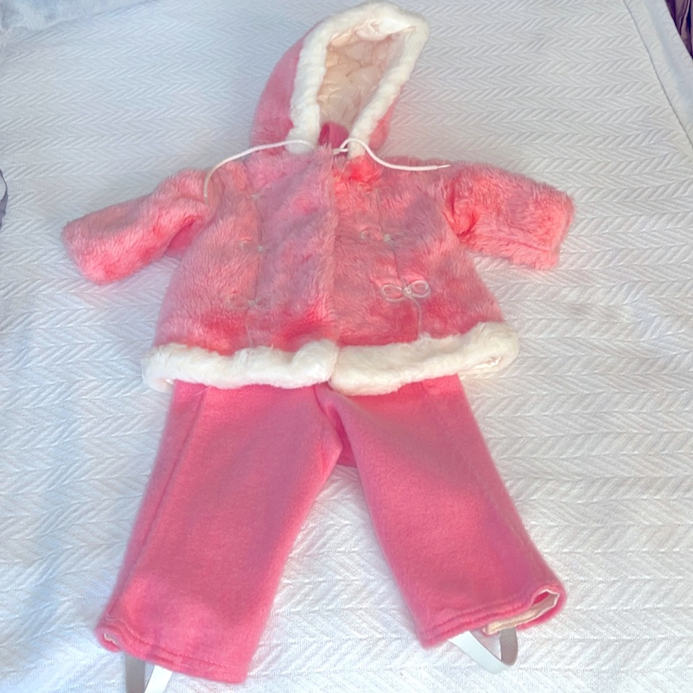 Vtg Baby Girl Pink Imitation Fur Hooded Parka & Fleece Snow Pants 12 Months